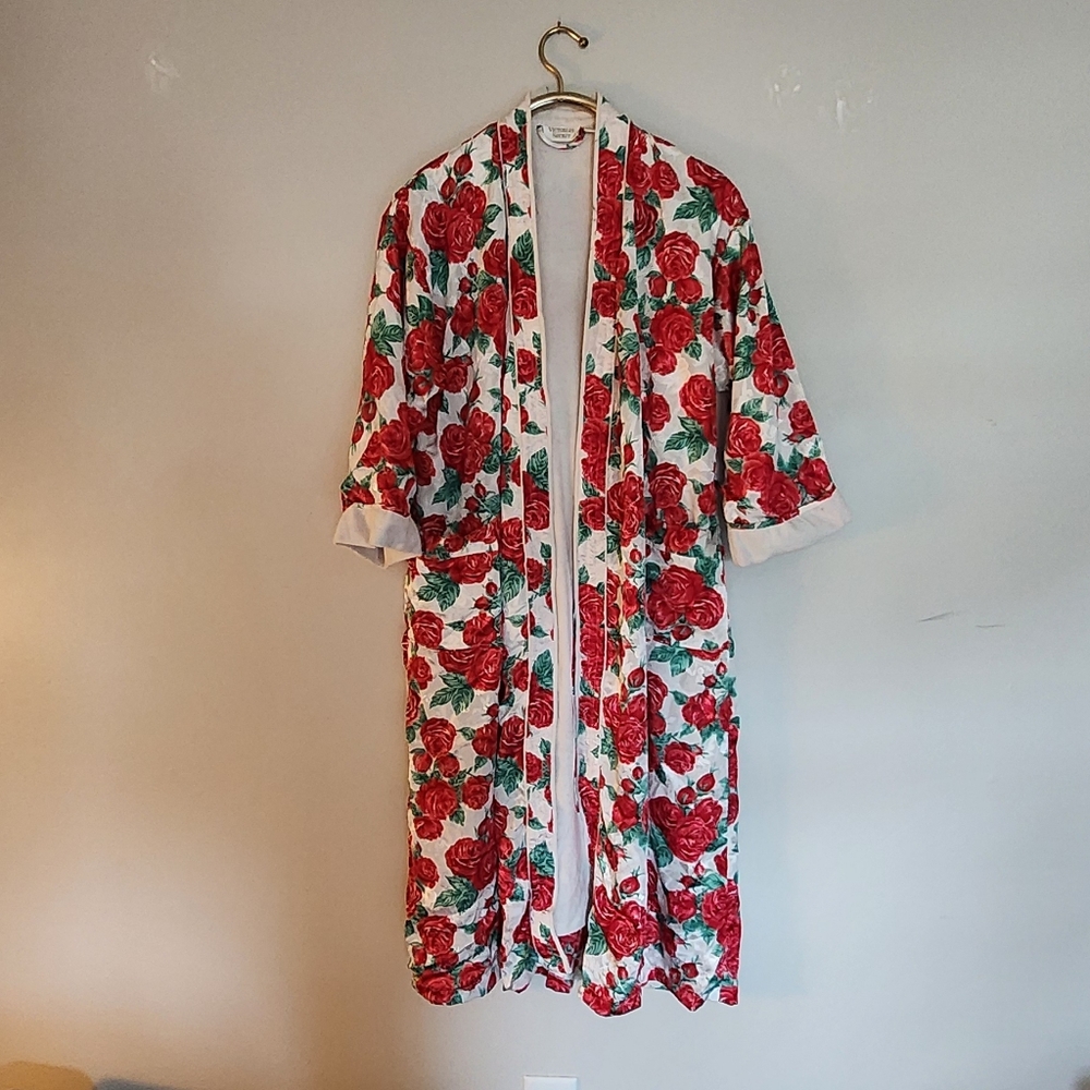 Vtg  Victoria's Secret Gold Label Robe NO belt P/S Rose Satin Terry Cloth Lining